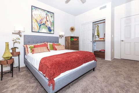 a bedroom with a bed and a closet