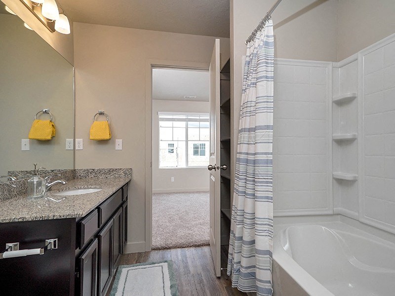 a bathroom with a tub and a sink and a mirror