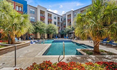 Courtyard pool surrounded by palm trees at The Mark at Midtown Apartments, Texas, 75231