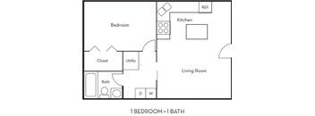 The 525 square foot one bedroom apartment includes a private room with large closet. Includes a full bath with tub, shower, sink and toilet. Kitchen and living room are open, kitchen is fully equipped to include a table island for seating