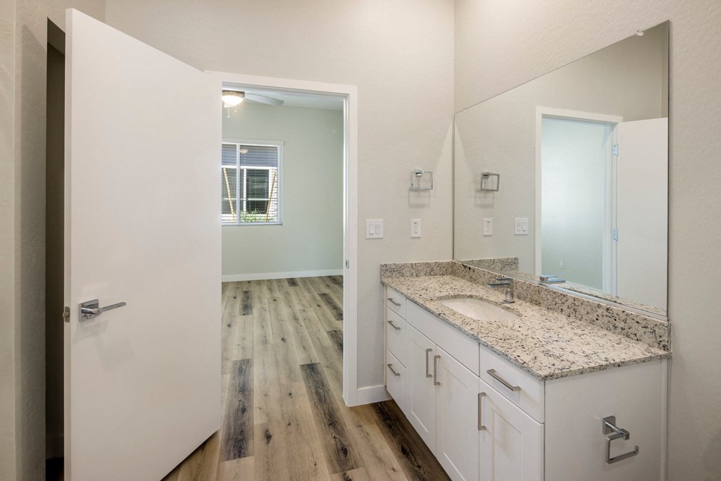a bathroom with a large mirror and a large sink