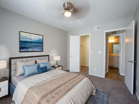 a bedroom with a bed and a closet