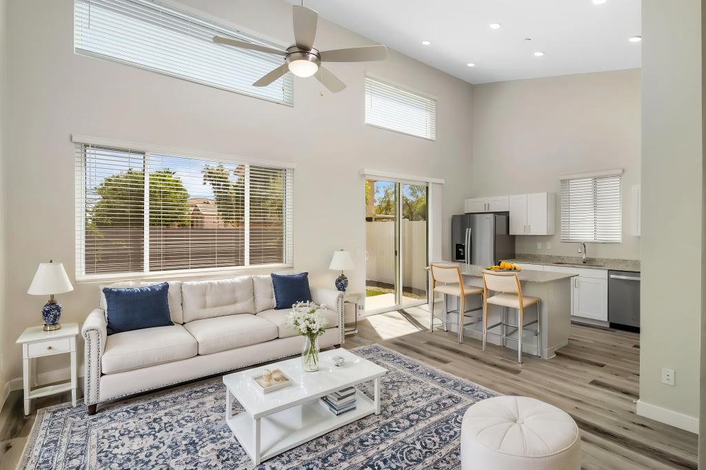 a living room with a couch and a table