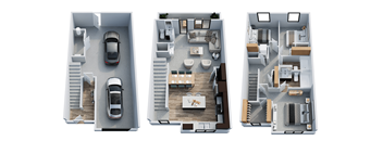 Three different layouts of a house with a car parked in each.