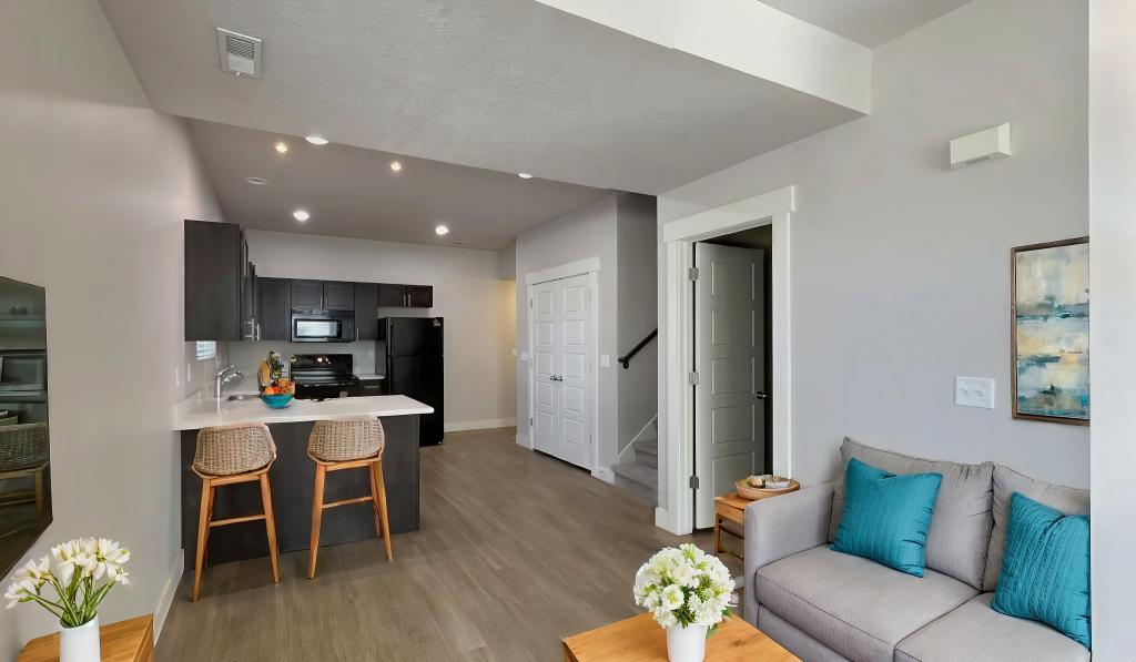 a living room and kitchen with a couch and
