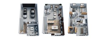 Three different layouts of a house are shown.
