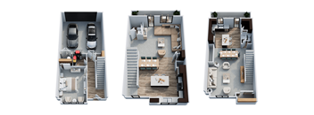 Three images of a house layout with a kitchen, living room, and bedrooms.