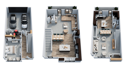 Three images of a house layout with a kitchen, living room, and bedrooms.