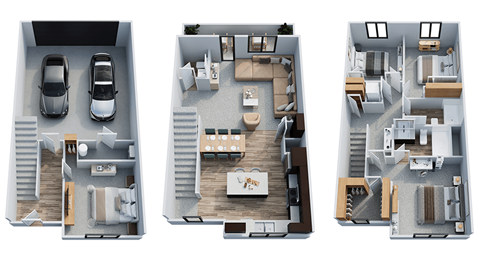 Three different floor plans of a house are shown.