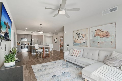 A living room with a white couch and a rug.