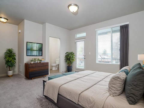 a bedroom with a bed and a tv in it
