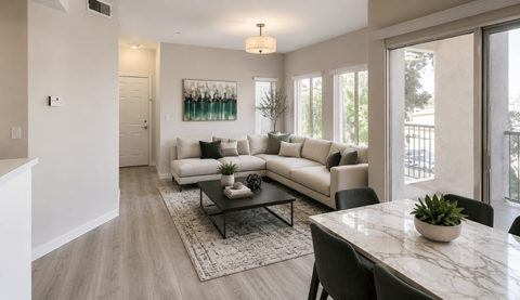 A living room with a white couch and a coffee table.