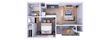 A top-down view of a small apartment with a bedroom, living room, and kitchen.