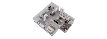 A top-down view of a modern apartment layout with a kitchen, living room, dining area, and balcony.