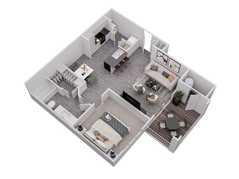 A top-down view of a modern apartment layout with a kitchen, living room, dining area, and balcony.