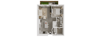 A top-down view of a small apartment with a kitchen, living room, and bathroom.