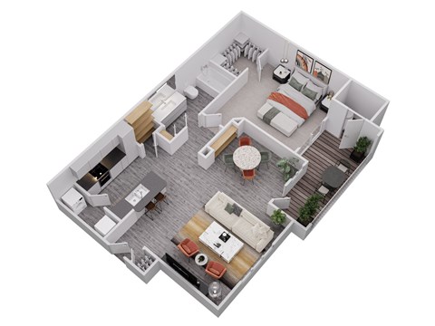 A 3D floor plan of a house with a living room, kitchen, dining room, and bedrooms.