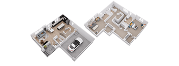 A 3D floor plan of a house with a car parked in the driveway.