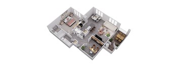 A 3D floor plan of a house with two bedrooms, a living room, a kitchen, a dining room, and a bathroom.