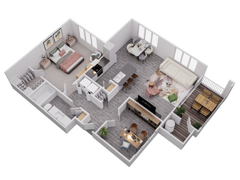 A 3D floor plan of a house with two bedrooms, a living room, a kitchen, a dining room, and a bathroom.