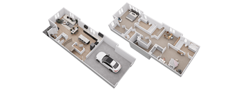 A 3D floor plan of a two-story residential building.