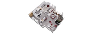 A top down view of a house interior with a kitchen, living room, dining room, and a hallway.