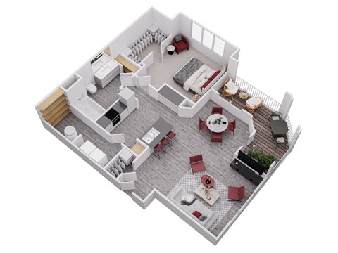 A top down view of a house interior with a kitchen, living room, dining room, and a hallway.