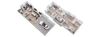 A white car is parked in a garage in a house plan.