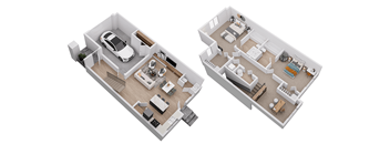 Two floor plan images of a house with a car parked in the garage.