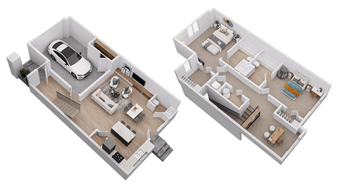 Two floor plan images of a house with a car parked in the garage.