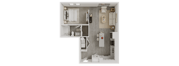 A top-down view of a small, neatly organized apartment with a kitchen, living room, and bathroom.