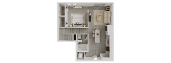A top-down view of a small, neatly organized apartment with a bedroom, living room, and kitchen area.