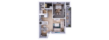 A floor plan of a small apartment with a kitchen, living room, and bedroom.