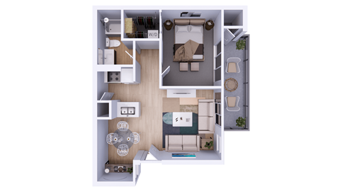 A floor plan of a small apartment with a kitchen, living room, and bedroom.