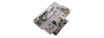 A 3D floor plan of a house with a living room, kitchen, dining room, and two bedrooms.