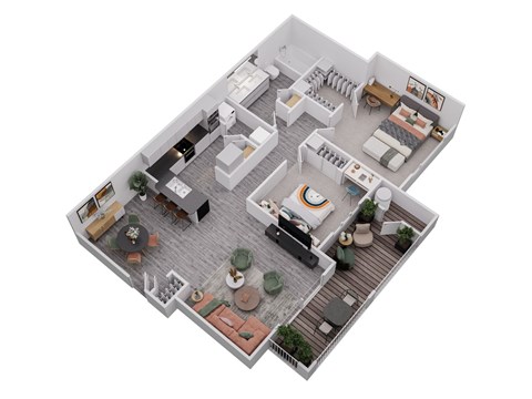 A 3D floor plan of a house with a living room, kitchen, dining room, and two bedrooms.