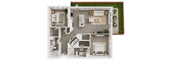 A detailed 3D floor plan of a modern apartment.