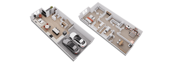 Two house floor plans with cars and furniture.