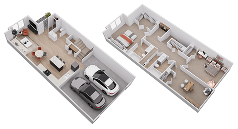 Two house floor plans with cars and furniture.