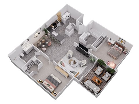 A 3D floor plan of a house with a kitchen, living room, dining room, and two bedrooms.