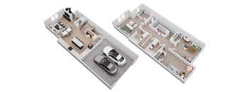 A model of a house with a car parked in front.
