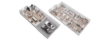 Two floor plans of a house with two garages.