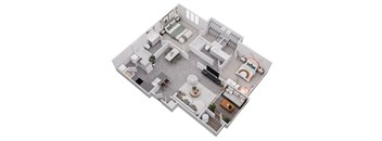 A 3D floor plan of a house with a kitchen, living room, and bedrooms.