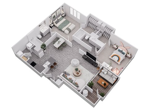 A 3D floor plan of a house with a kitchen, living room, and bedrooms.