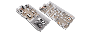 Two floor plans of a house with two garages and a driveway.