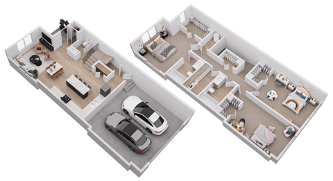 Two floor plans of a house with two garages and a driveway.