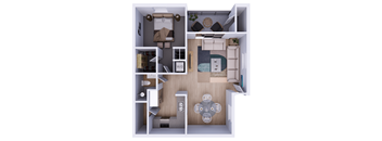 A floor plan of a small apartment with a kitchen, living room, and bathroom.