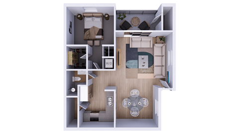 A floor plan of a small apartment with a kitchen, living room, and bathroom.