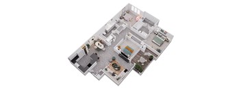 A 3D floor plan of a house with multiple rooms and furniture.