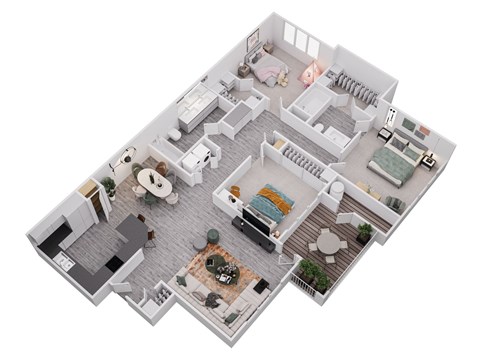 A 3D floor plan of a house with multiple rooms and furniture.